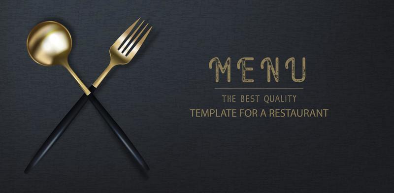 Realistic 3D golden fork and spoon on a black grunge background. Fashionable modern poster for a restaurant. Top view vector illustration.
