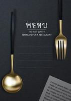 Realistic 3D golden fork and spoon on a black grunge background. Fashionable modern poster for a restaurant. Top view vector illustration.