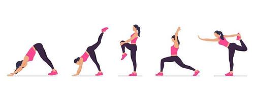 conjunto de poses de yoga y estiramiento de mujer sin rostro, colección de posiciones de yoga de dibujos animados femeninos aisladas en fondo blanco, entrenamiento de yoga de cuerpo completo vector
