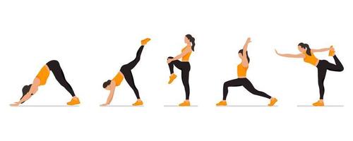 conjunto de poses de yoga y estiramiento de mujer sin rostro, colección de posiciones de yoga de dibujos animados femeninos aisladas en fondo blanco, entrenamiento de yoga de cuerpo completo vector