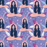 Spiritual magician girl, dream, thought and meditation concept. vector seamless pattern