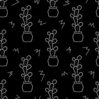 Seamless pattern with cute hand-drawn cacti black background. vector