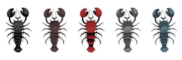 Set of drawings of sea crayfish in different colors. Vector horizontal illustration in cartoon style, isolated on white background.