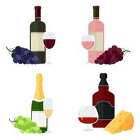 Wine set bottles of wine, champagne, brandy, whiskey, cognac, glasses, grapes and cheese. vector