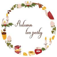 Autumn wreath with elements for tea party, Christmas candles, honey and lemon with space for text. Vector illustration isolated white background.