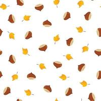 Seamless pattern of acorns and yellow autumn leaves white background. vector