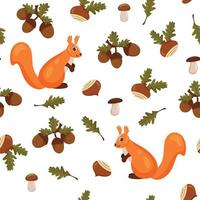 Seamless autumn pattern with forest squirrel, mushrooms, acorns and leaves white background. vector