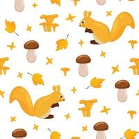 Seamless autumn pattern with squirrels, mushrooms and yellow leaves white background. vector