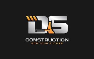 DS logo excavator for construction company. Heavy equipment template vector illustration for your brand.