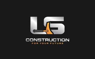 LS logo excavator for construction company. Heavy equipment template vector illustration for your brand.