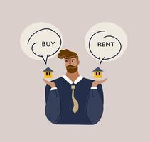 Doubting businessman making decision to buy or rent a house. Sale, purchase, lease, rent of real estate concept. Vector cartoon doodle flat illustration
