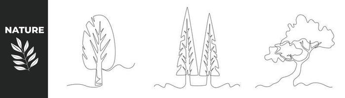 Single one line drawing nature set concept. Leaf and lush tree. Continuous line draw design graphic vector illustration.
