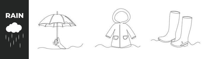 Continuous one line drawing monsoon season equipment set concept. Umbrella, rain coat costume and boots. Single line draw design vector graphic illustration.