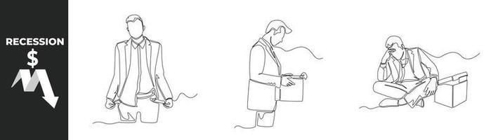 Single one line drawing recession economy set concept. Recession 2023. Frustrated businessman is turning out his empty pockets, holding a box with his stuff and Getting fired. Vector Illustration.