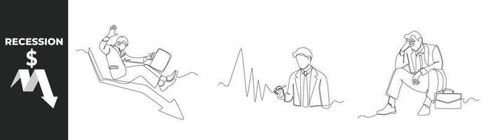 Single one line drawing recession economy set concept. Recession 2023. Businessman falling on the arrow, Presenting falling sales graph and have been laid off. Design graphic vector illustration.