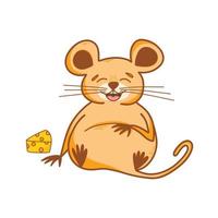 Cute mouse character with a piece of cheese in cartoon style, cute animals, rodents. Vector children's illustration of hand-drawn cartoon design for postcards, posters, T-shirts, teenagers, stickers.