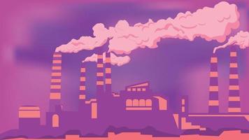 Vector illustration of  industrial silhouette landscape with factory buildings and pollution in flat design purple style