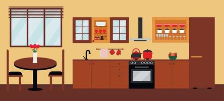 Cosy kitchen brown design interior with dishes and furniture. vector