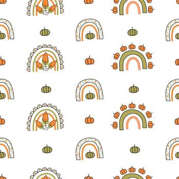 Seamless autumn pattern with  pumpkins  and rainbows simple style limited Palette. Vector pattern on white background perfect for fabric, invitations, posters, printing
