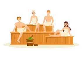 sauna y sala de vapor con personas que se relajan, se lavan el cuerpo, se vaporizan o disfrutan del tiempo en dibujos animados planos dibujados a mano ilustración de plantillas vector