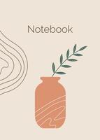 Notebook cover in the style of Mid Century Modern. Vector background in warm shades with vase and leaves