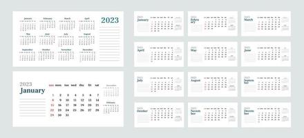 Simple desk horizontal calendar 2023. et of 12 months, cover and one sheet of the year. Week start on Sunday. Vector minimalist template