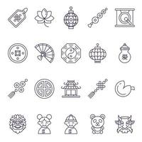 Chinese New Year concept. Collection of vector line icons of pagoda, lantern, lotus, girl and boy, gong and other elements. Perfect for web sites, shops, stores etc