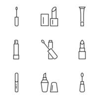 Set of modern outline symbols for internet stores, shops, banners, adverts. Vector isolated line icons of various lipsticks, lip glosses