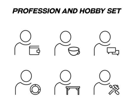 Monochrome signs in flat style for stores, shops, web sites. Editable stroke. Vector line icon set with symbols of wallet, cup, speech bubble, table, tools for repair by person