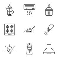 Set of modern outline symbols for internet stores, shops, banners, adverts. Vector isolated line icons of teapot, conditioning, multicooker, cooktop, iron, pepper, lamp