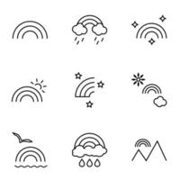 Set of modern outline symbols for internet stores, shops, banners, adverts. Vector isolated line icons of sun, stars, cloud, bird next to rainbow