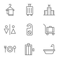 Set of modern outline symbols for internet stores, shops, banners, adverts. Vector isolated line icons of towel, suitcase, hotel, door hanger, baggage, luggage etc