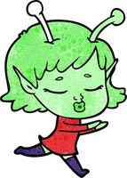 Retro grunge texture cartoon cute alien girl vector