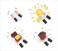 A various set of cryptocurrency gifts with hands, give and receive gifts, empty hands, open box flat vector illustration isolated on white background. Cryptocurrency finance.