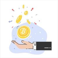 Cryptocurrency coin drop with hands, give and receive money, flat vector illustration isolated on white background. Cryptocurrency finance.