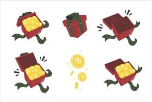 A various set of cryptocurrency gifts, give and receive gifts, stack of coin, open box, blank box, coin drop flat vector illustration isolated on white background. Cryptocurrency finance.