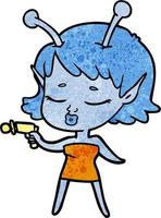 Retro grunge texture cartoon cute alien girl vector