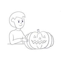 Boy with Halloween pumpkin. Modern style vector on white background. Coloring book for children. Thin line art