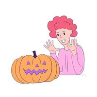 la niña se regocija con la calabaza. imagen en estilo moderno con colores modernos. ilustración de vector plano de halloween aislado sobre fondo blanco