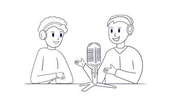 Two boys record a podcast, online radio show. People with headphones are talking into a microphone. Outline, coloring book on white vector