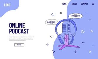 Podcast or audio content web banner or landing page template. Flat vector illustration of microphone with geometric shapes, icons on blue background