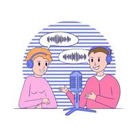 Young girl and boy record a podcast, online radio show. People with headphones are talking into a microphone. The concept of podcasting, broadcasting vector