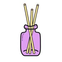 Wooden aroma sticks in glass jar. Essential air fragrance sticks aromatherapy. Spa and beauty relax. Vector illustration in doodle style