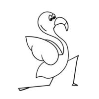 lindo flamenco de dibujos animados en pose de yoga. ilustración de vector de pájaro de carácter. aislado en blanco contorno, para colorear página