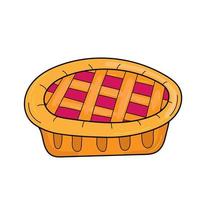 Cute cartoon pie. Cherry or bleuberry pie drawing. Cartoon image of traditional American baked dessert. Isolated vector illustration.