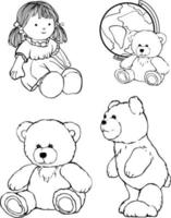 Soft toys bear, doll. Black and white hand-painted picture. For colouring books and your books. vector