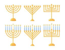 Hanukkah menorah isolated. Vector set of traditional Jewish holiday symbol. Chanukiahs of different shapes collection. Golden holders empty and with nine burning candles. Flat vector illustration
