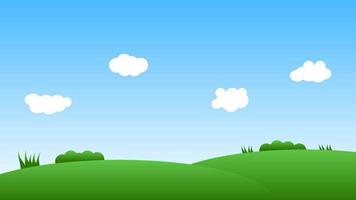 escena de dibujos animados de paisaje con colinas verdes y nubes blancas en el fondo del cielo azul de verano vector