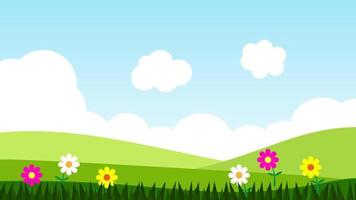 escena de dibujos animados de paisaje con flores de colores y hierba verde en la colina con nubes blancas esponjosas y cielo azul vector