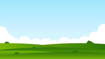 landscape cartoon scene with green hills and white cloud in summer blue sky background with copy space